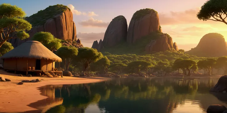 Disney style African wilderness scene, beautiful sunrise over a calm lake, very small African hut on one side of the scene, dramatic cinematic lighting, majestic rock formations, no animals or evil, breathtaking view, high detail, complete study of African...