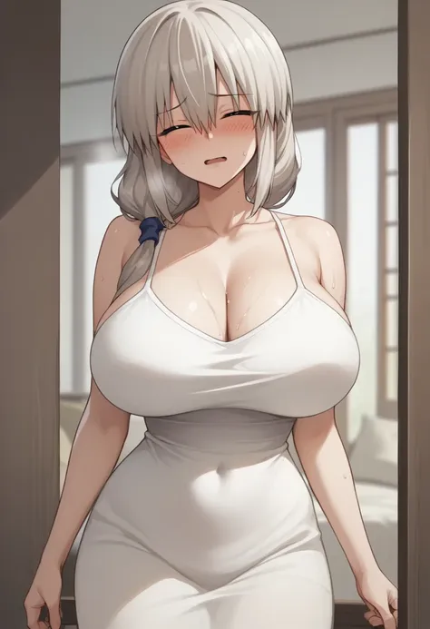 huge breasts、blush、sweat、in the heat、long white hair、braiding、uzaki_fortune、
{highest quality}, {so beautiful}, {very detailed},...