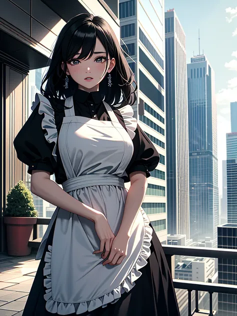 Masterpiece、High resolution、Detailed expression、(Huge beauty:1.3)、Natural Fingers、Black Hair、Height 20m、Married Woman、apron、Troubled face、Touching the skyscrapers