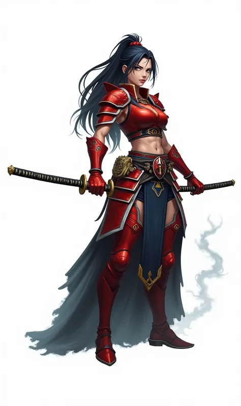 Black haired woman in red armor holding a katana, anime styling