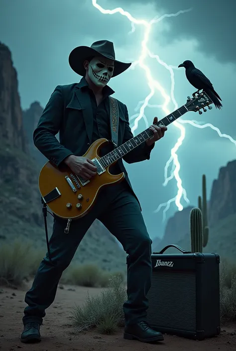 GAME cover wide photo, man with hockey mask with coboy hat standing with the orange ibanez electric guitar and speaker amplifier  on gound , playing death sympony , backgound thunder strom . crow cactus and mountain
