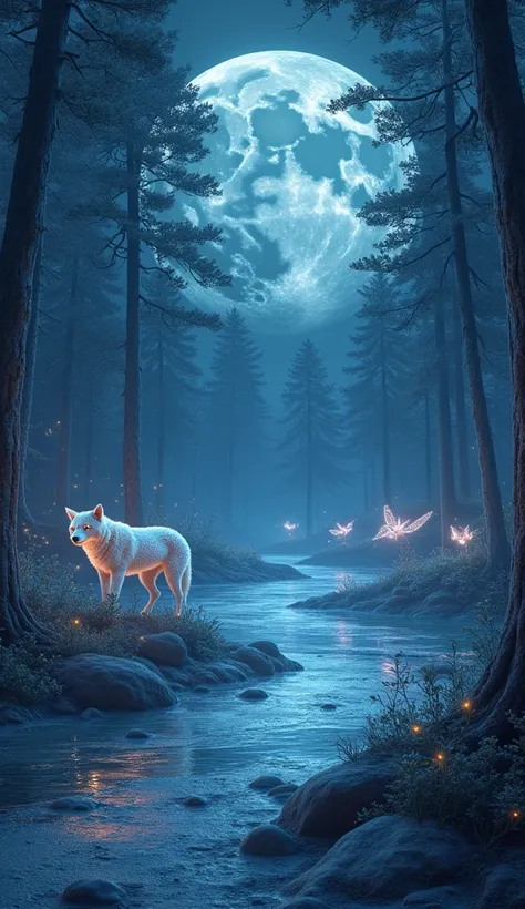 Moonlit Forest of Lunar Creatures: "Imagine a dense forest on the moon, where trees with silver bark and crystalline leaves grow under the soft light of Earth. The forest is inhabited by ethereal creatures that blend seamlessly with the lunar landscape—bio...