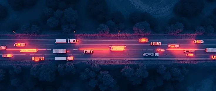 A high-altitude infrared thermal imaging photo, birds-eye view, featuring a nighttime ground transport convoy. The image showcases the thermal radiation signals of vehicles on the road, as well as the overall dynamic monitoring of the transport activity. M...