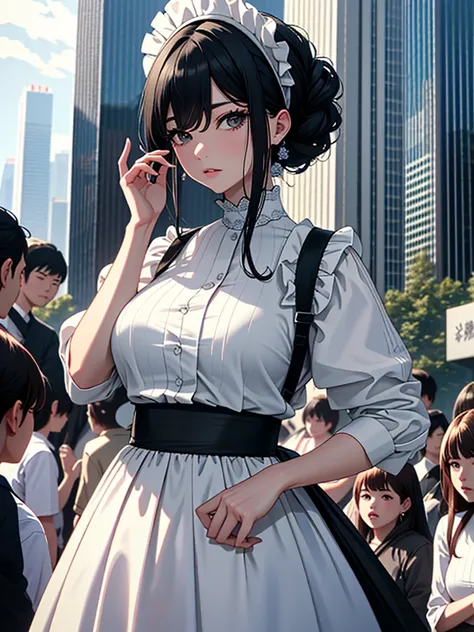 Masterpiece、High resolution、Detailed expression、(Huge beauty:1.3)、Natural Fingers、Black Hair、18 meters tall、Married Woman、apron、Troubled face、Comparison with high-rise buildings、Crowd of small people