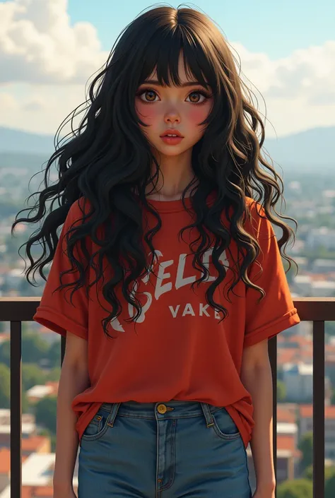  (Teenager) of straight hair half curly big big on the balcony without back bangs


