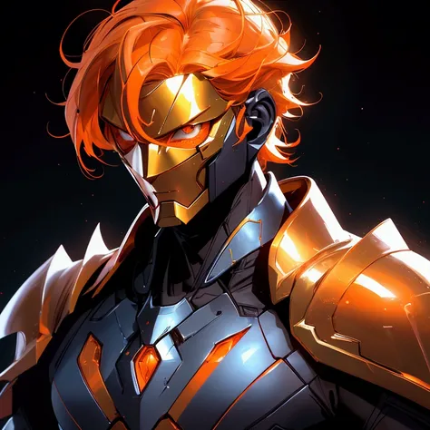 envision a 8k, highres, cinematic close up portrait of a man with a slender skinny body, no facial hair with sleek orange hair, and orange eyes wearing golden armor and tight dark blue super suit, Dr Fate Helmet, magic effects against a dark gray backgroun...