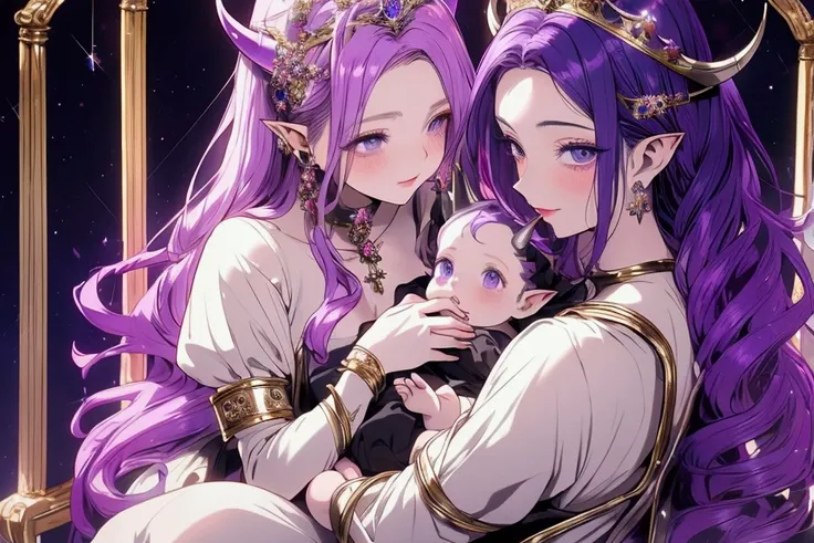 Elf with purple hair, with black horns, lavender fantasy skin, fuchsia pink eyes (medieval style queen clothes and shiny crown), elegant pose, looking at camera, sitting on an elegant chair, holding a male human baby one year old, purple hair, RAF blue eye...