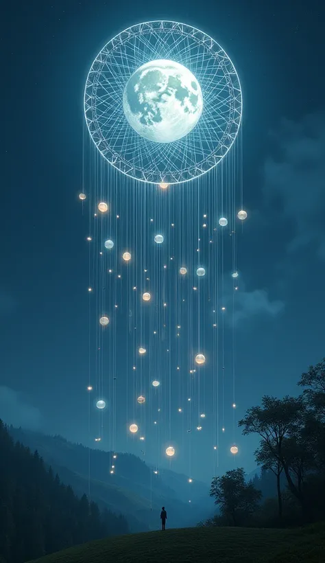 Moonlit Dreamcatcher: "Imagine a giant dreamcatcher woven from threads of moonlight, suspended in the night sky. The moon sits at its center, casting soft beams through the delicate web, catching and holding onto dreams as they float by. Each captured drea...