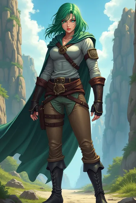 ((artwork, best quality)), ultra detailed,anime styler,1girl, medieval,rpg art,mature woman,muscular body,bright light skin, adventurer clothes, black boots, brown pants, brown gloves, cape, green hair, blue eyes, serious face,gray shirt,
