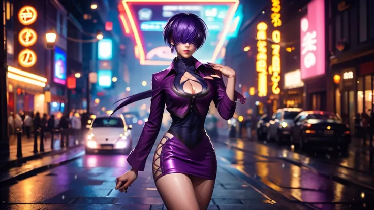 (at night), alone, in a video game scene a background of a beautiful city during the day raining, standing at attention, purple hair, ((purple hair)), 1 girl, alone, 20 years old, young woman, perfect hands , beautiful and perfect symmetrical fingers, beau...