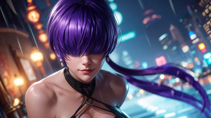 (at night), alone, in a video game scene a background of a beautiful city during the day raining, standing at attention, purple hair, ((purple hair)), 1 girl, alone, 20 years old, young woman, perfect hands , beautiful and perfect symmetrical fingers, beau...