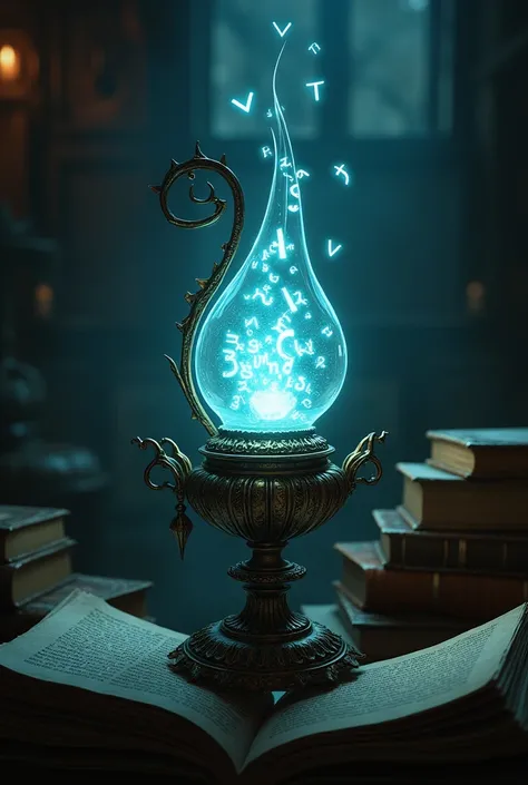 A mystical gothic lamp from which glowing letters fly out and illuminate a dark place. Books around. Horizontal image.