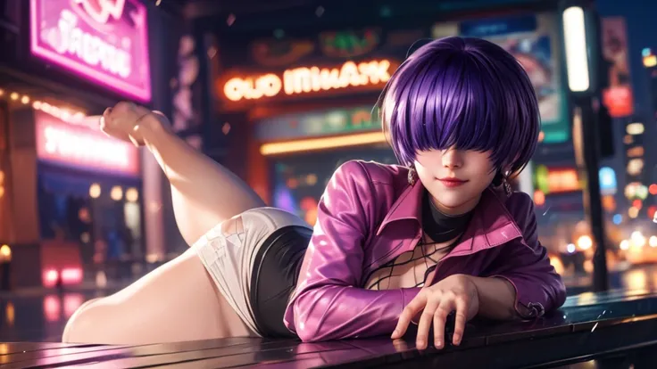 (at night), alone, in a video game scene a background of a beautiful city during the day raining, standing at attention, purple hair, ((purple hair)), 1 girl, alone, 20 years old, young woman, perfect hands , beautiful and perfect symmetrical fingers, beau...