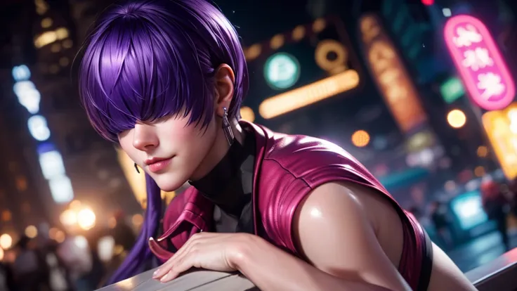 (at night), alone, in a video game scene a background of a beautiful city during the day raining, standing at attention, purple hair, ((purple hair)), 1 girl, alone, 20 years old, young woman, perfect hands , beautiful and perfect symmetrical fingers, beau...