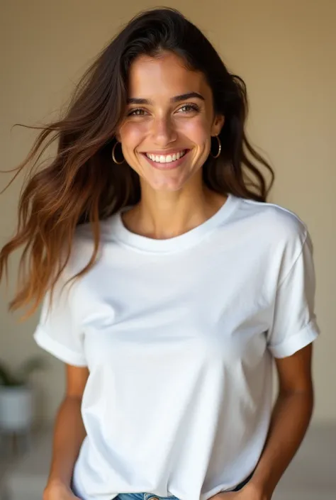 Brazilian woman with light skin and brown hair wearing a white cotton round neck baby look style t-shirt with her hands in her pockets smiling happily