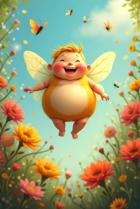 A chubby fairy with flies from a flower to a flower