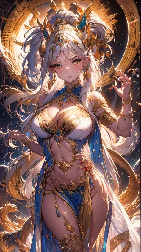 shining star,A beautiful oriental girl,Single ponytail,Dragon Horn,Big breasts,thin waist,white skin,Perfect proportion,Wearing a dance dress,8k,Dance with the dragon,The focus of the audience,Lighting effects,Super details,