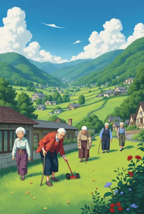 Ghibli anime style painting、The elderly cooperate、Rural scene with people actively working outside with lawn mowers