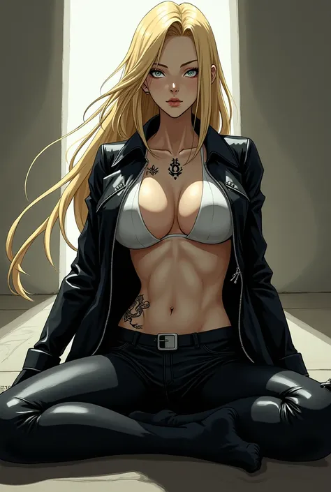 In the anime bleach style with clothing A tall and statuesque, pale skinned woman with composed pale grey eyes, a stubby nose, a square face and angled lips. She has wavy,  long blonde hair, has a large scar on her right arm, has an expressive tattoo on he...