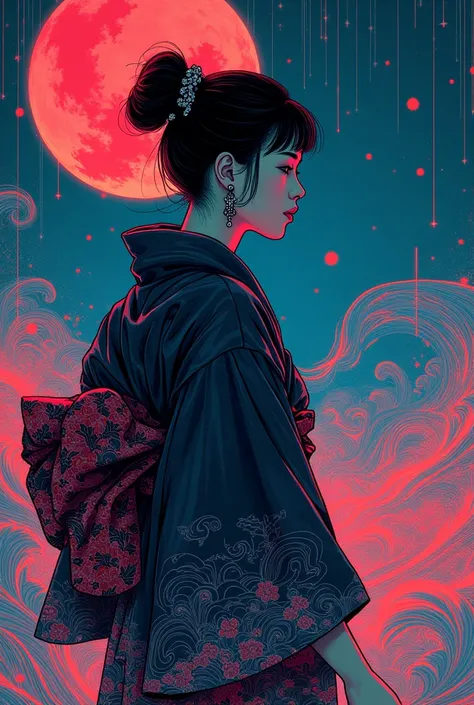 Japanese traditional clothing, Katsushika Hokusai Style, (cyber punk) (neon), woodblock print