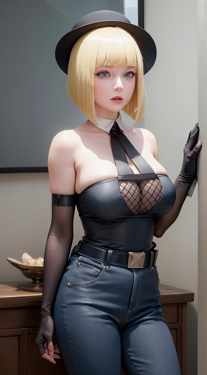 (very detailed background:1.0), (highly detailed background:1.0), (Masterpiece), High Quality, (1girl),
blonde hair, blue eyes, bangs, blunt bangs, bob cut,
mature woman, blush, large breasts, seductive smile, seductive pose,
indoor, police women, blue shi...