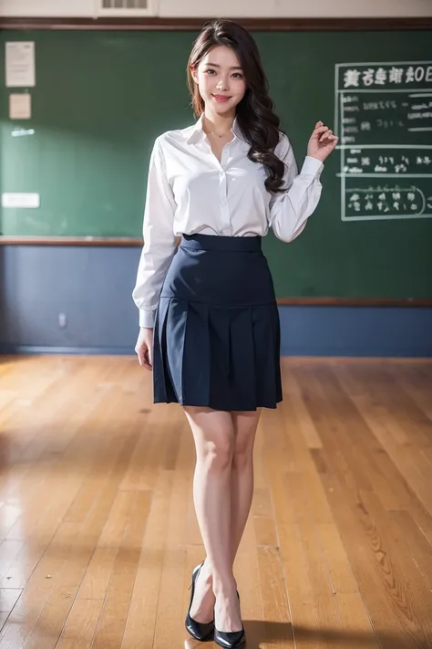 best quality, mastepiece, photorealistic, it is high resolution., 8k　raw photo,solo, 1girl, 30 years old、standing in a school cl...