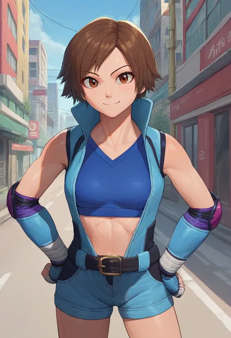 score_9, score_8_up, score_7_up, source_anime, solo, 1girl, asukadef, smile, looking at viewer, hand on hip, short jumpsuit, sports bra, elbow pads, fingerless gloves, shorts, belt, outdoors, city street 