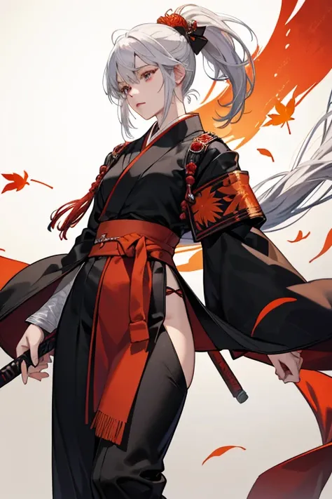 Kazuhas white hair is tied in an off-center ponytail to her right.

Kazuhas outfit consists of a gray short-sleeved kimono, a black haori coat, red hakama pants with maple leaf designs, and black sandals with dark red tights and black leg plating. Half of ...