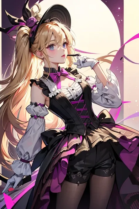 Lyney blond hair wears an ornate black top hat with magenta details, a striped magenta-and-purple ribbon tied in a bow, a bronze chain, and her cat motif as decorations. sHe wears a sleeveless white ruffled shirt, over which sits a black corset-like piece ...