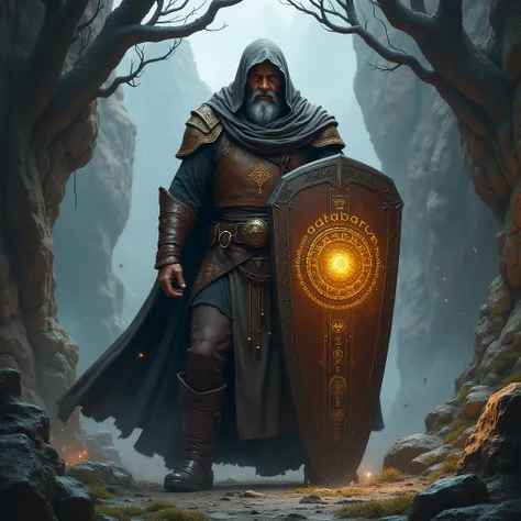 a leather-clad wizard using a heavy shield 