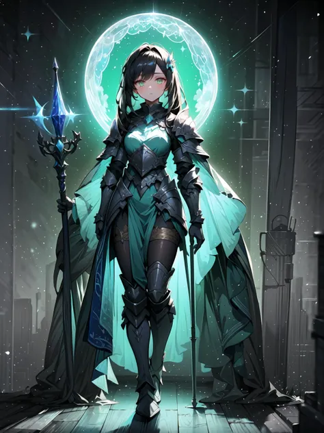 (((Masterpiece, best quality, 16k))) female character with long black hair and glowing green eyes. She wears an ethereal armor in silver, gold, and blue. wields a mystical staff with a floating crystal. The character has a serene expression, with a tranqui...