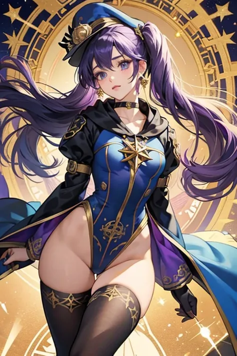 Monas purple hair is tied up with black ribbons into two twintails with two gold compass rose ornaments clamped onto the tips. Her accessories consist of a gold earring that resembles a compass rose on her left ear, a black choker necklace adorned with ano...