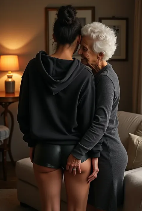 black woman hair in a bun black hoodie   black leather short shorts  being fucked in the ass by a old grandma in a dress
       