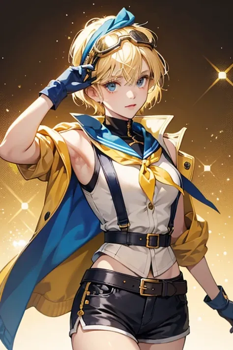 she blond short hair. she wears cuffed navy shorts and a sleeveless cream-colored jacket with blue and gold details, a leather belt, a bag with her Vision attached to it, gloves, a yellow bandanna tied around her right arm, and goggles on her head. SPARKLE...