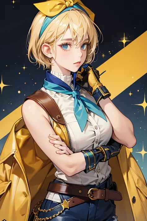 she blond short hair. she wears cuffed navy shorts and a sleeveless cream-colored jacket with blue and gold details, a leather belt, a bag with her Vision attached to it, gloves, a yellow bandanna tied around her right arm, and goggles on her head. SPARKLE...