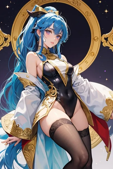 Ganyus cerulean blue hair is at her shoulder length, styled with two locks of hair in the front reaching her chest, and a thick rat tail in the back.

Ganyus outfit consists of a black halternecked leotard and black tights with gold accents on the legs, un...