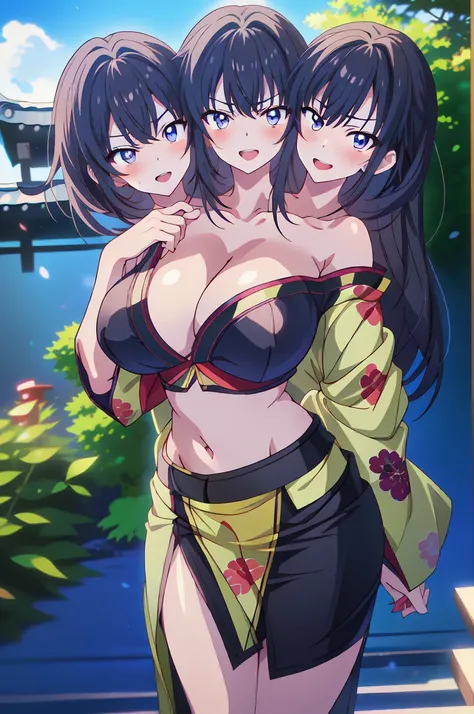  long hair, black hair, (3heads:1.5), open belly, very huge breasts, (very, beautiful eyes:1.5), (very detailed eyes:1.5), three headed girl, girl with three heads, dark blue eyes, red lipstick, standing with hand on her hip, evil smile, angry eyes, blush,...