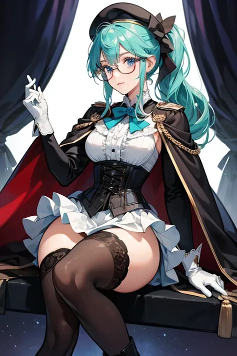 The long section of Sucroses mint hair is tied into a low ponytail. Her Anemo Vision is attached as a brooch to her cape collar. She wears thick, white gloves; dark brown-rimmed glasses; a blue corset with a ruffled hem and the Knights of Favonius crest on...