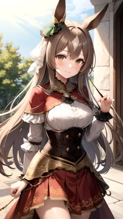 masterpiece, best quality, highres, {{8k}},
BREAK,
aasato, long hair, half updo, braid, hair between eyes, animal ears, ear ornament, medium breasts, plate armor, long red skirt, cowboy shot, shy smile, blush, cute, wide hips, busty,
BREAK,
outdoor, castle...