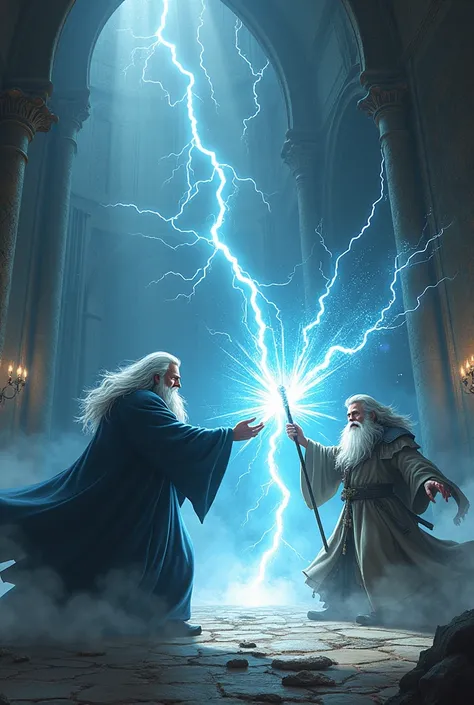 Dumbledore casting lightning magic while Gandalf defends with a magical barrier, not anime style