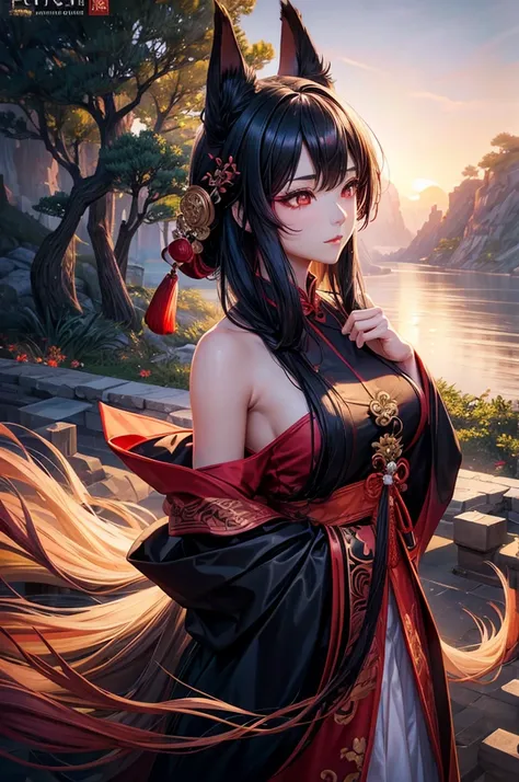 beautiful girl with chinese styled hair, red eyes, fox ears and a black fox tail, wearing a extravagant off shoulder hanfu dress...