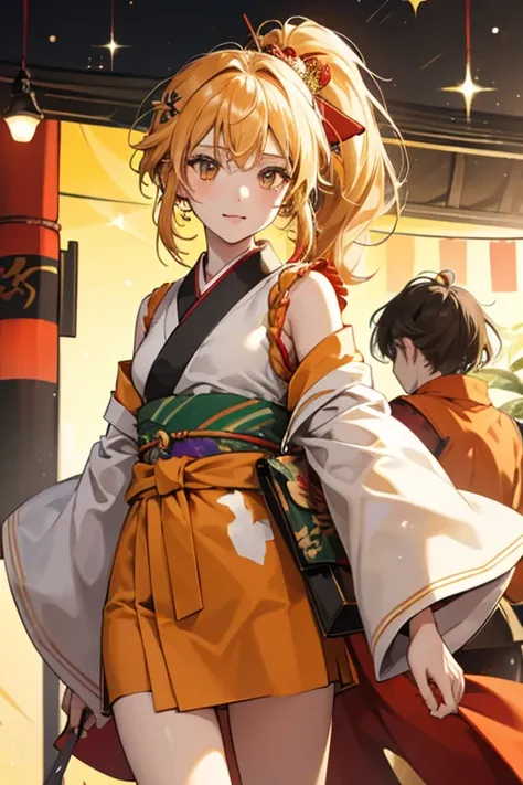 Yoimiyas gold hair is tied into a high ponytail that messily sticks out in all angles. She wears many festival themed hair accessories.

Yoimiyas attire mainly consists of a short orange-red kimono with only one sleeve worn. Her right sleeve is rolled up p...