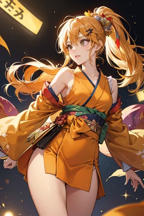 Yoimiyas gold hair is tied into a high ponytail that messily sticks out in all angles. She wears many festival themed hair accessories.

Yoimiyas attire mainly consists of a short orange-red kimono with only one sleeve worn. Her right sleeve is rolled up p...