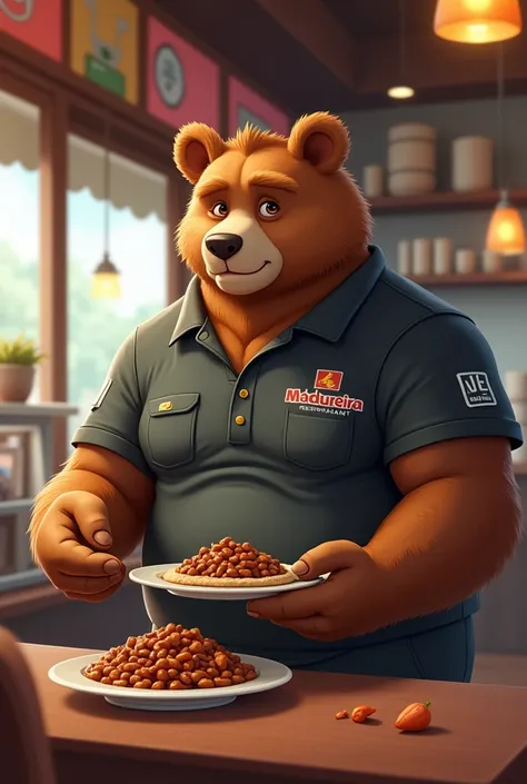 Adult bear, Sympathetic face,forte e musculoso, anime 3 d, Wearing a polo shirt, written MADUREIRA RESTAURANT, serving a plate of feijoada.