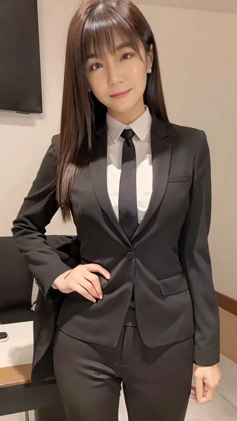 Ultra-high resolution, Accurate, Anatomically correct, Textured skin, Attention to detail, 8k, A woman in a suit takes a photo, a hyperRealistic , hyperRealistic , Wear a proper business suit, photoRealistic perfect body, Realistic , On the desk, standing ...