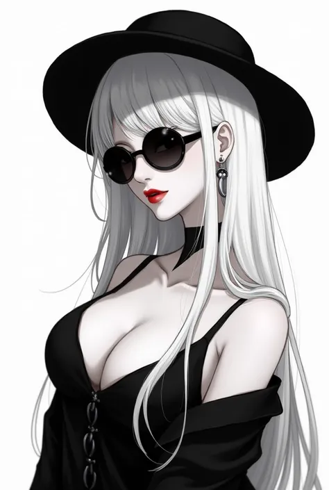 1girl, sunglasses, solo, hat, lipstick, red lips, long white hair, dress, plunging neckline, makeup, monochrome, white background, earrings, cleavage, jewelry, upper body, spot color, hair over shoulder,dark theme,shiny,shiny skin,milf,(mature japanese fem...