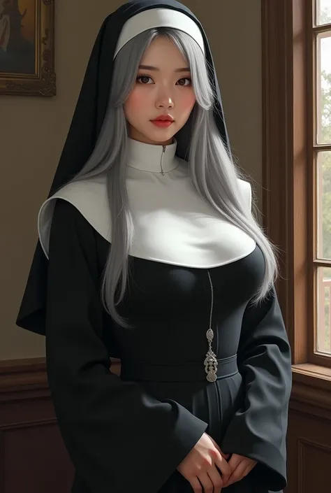 Young woman,​Twenty-five years old, Beautiful face, Asian face, long silver hair, Wearing Central European clothing,Tight nun costume, Big chest, Thin waist, Big butt, in the room, Painting style: realistic

