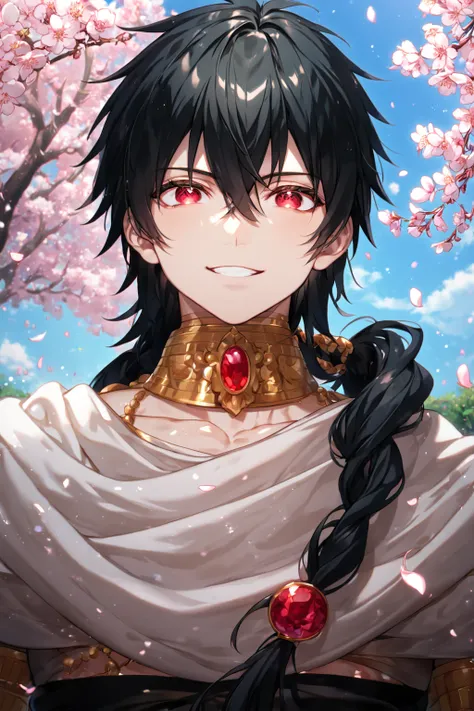 absurdres, highres, ultra detailed, HDR, master piece, best quality, extremely detailed, detailed face, detailed eyes, Judar, black hair, segmented long low ponytail, expressive red eyes, Magi: The Labyrinth Of Magic, solo, smile, sexy man, handsome, manly...