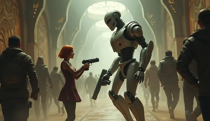 a male robot, holding an advanced weapon, while talking to a short, red-haired woman holding a futuristic pistol pointed downwards. They are in a hallway with a lot of dust and people running around with guns in their hands., everyone is wearing steampunk ...