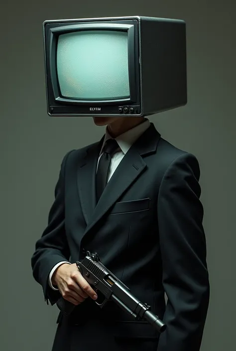 Teenager with a TV head with a gun looking sideways and wearing a suit and the gun is at his waist 